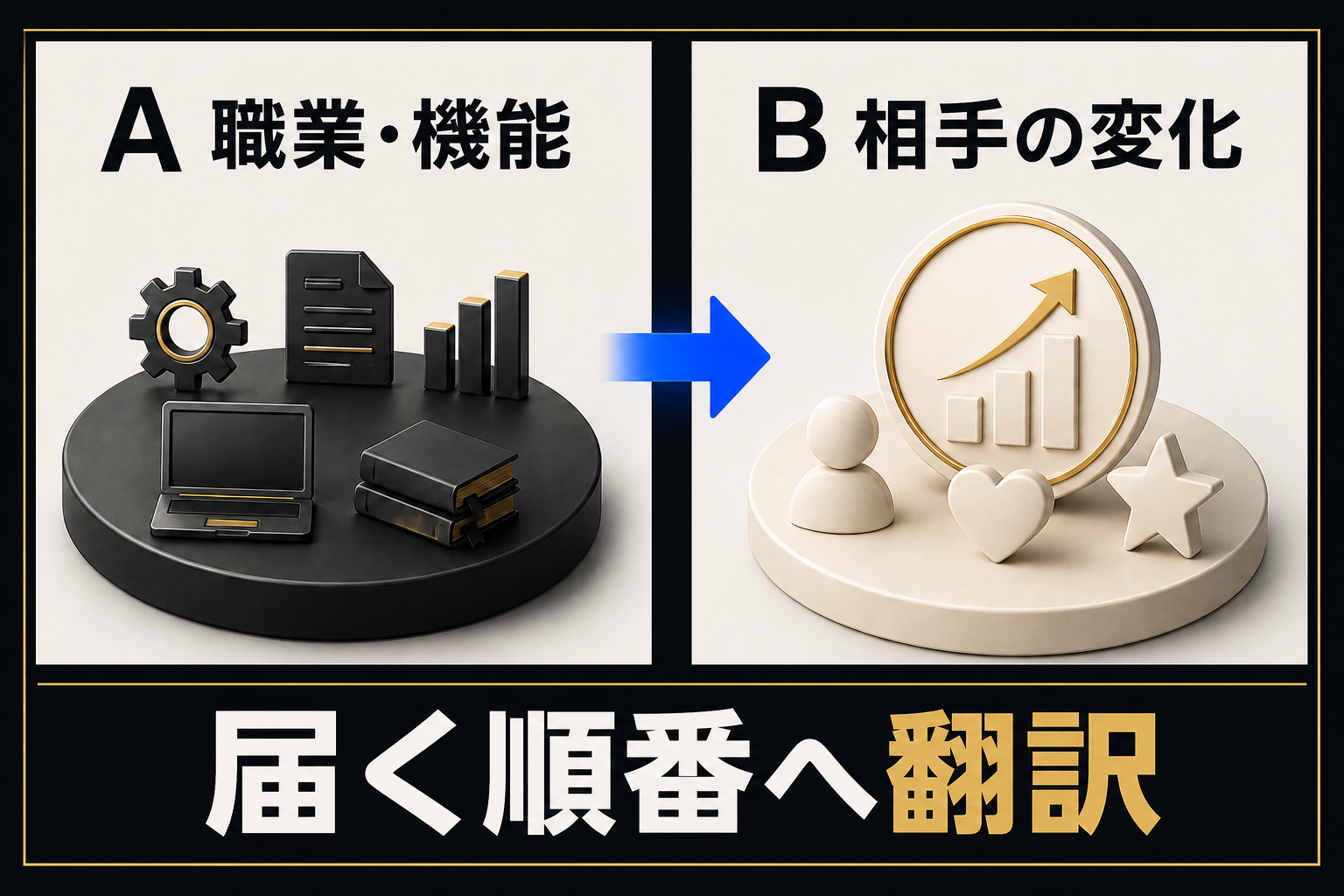 Aの職業・機能からBの相手の変化へ、届く順番に翻訳する考え方を示した図解